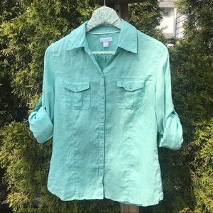Mint Blue Linen Button Down Shirt Top Blouse